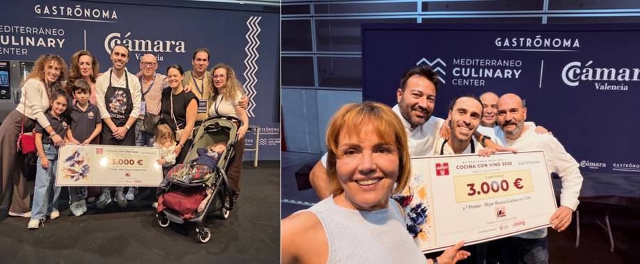 Premiados posando con un cheque de 3.000 € de segundo premio en Gastrónoma Valencia 2026.