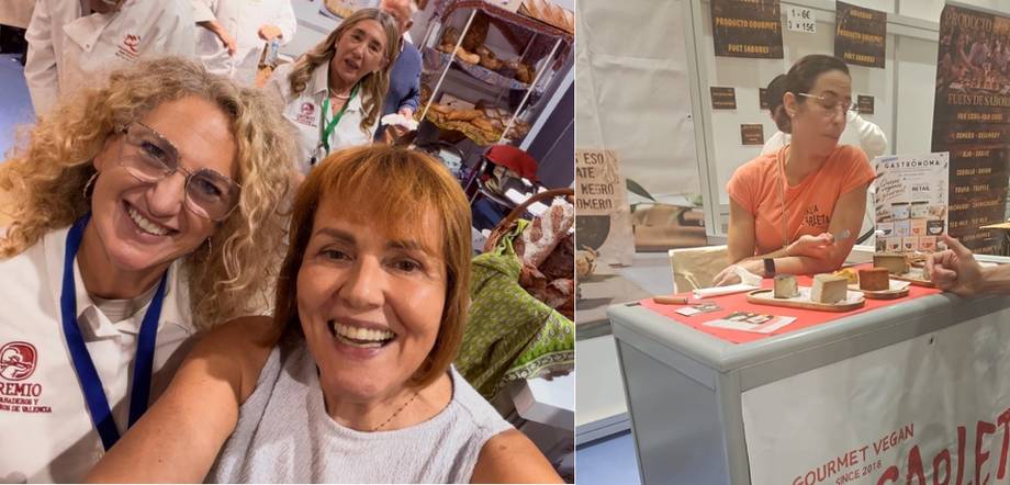 Socias MEG junto a un expositor de panadería y atendiendo un stand de quesos gourmet en Gastrónoma Valencia 2026.